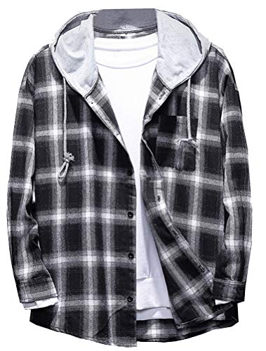Lavnis Men's Plaid Hooded Shirts Casual Long Sleeve Lightweight Shirt Jackets Black L