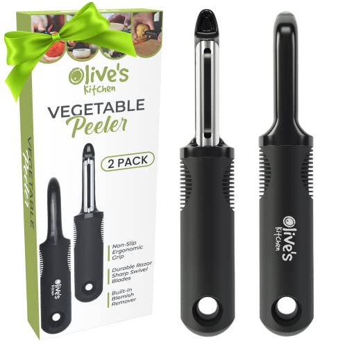 Olive's Kitchen Vegetable Peeler Set – Ergonomic Grip Peelers for Kitchen w/ Razor-Sharp Swivel Blades - Stainless Steel Fruit Peeler for Potato, Apple, Carrot, Cucumber - Veggie Peeler (2 Pack)