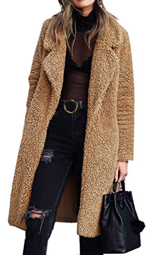 Angashion Women's Fuzzy Fleece Lapel Open Front Long Cardigan Coat Faux Fur Warm Winter Outwear Jackets Dark Camel S
