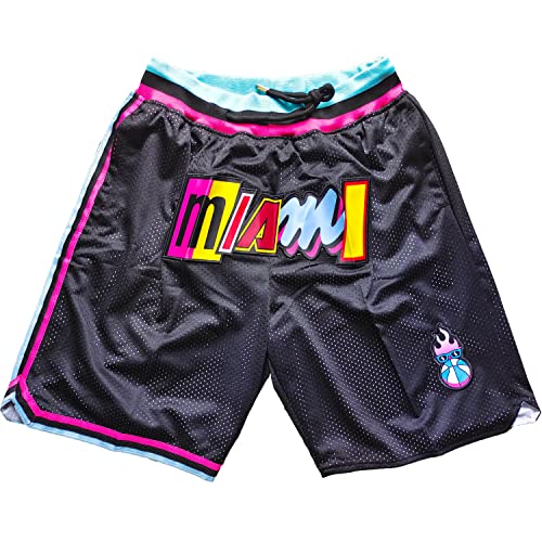 Men's Miami Basketball Shorts Embroidery Mesh Retro Sports Pants Black