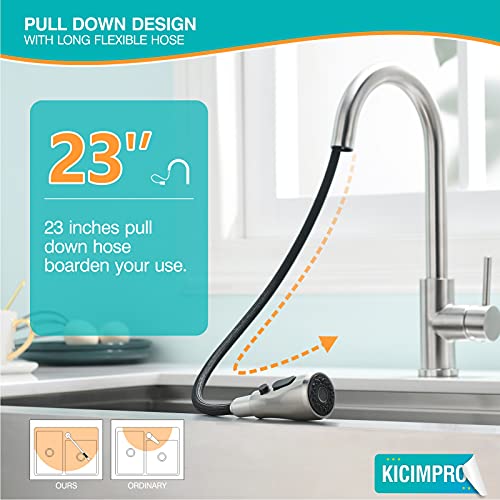 Kicimpro Kitchen Faucet with Pull Down Sprayer Brushed Nickel, High Arc Single Handle Kitchen Sink Faucet with Water Lines, Commercial Modern rv Stainless Steel Kitchen Faucets, Grifos De Cocina