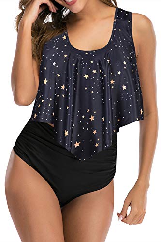 Adisputent Womens High Waisted Bathing Suits Flounce Swimwear Racerback Tankini Tummy Control Bikini Two Piece Modest Swimsuits Black Star XXL