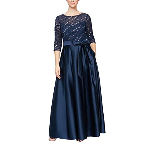 Alex Evenings Women's Satin Ballgown Dress with Pockets (Petite and Regular Sizes), Navy Silver, 4
