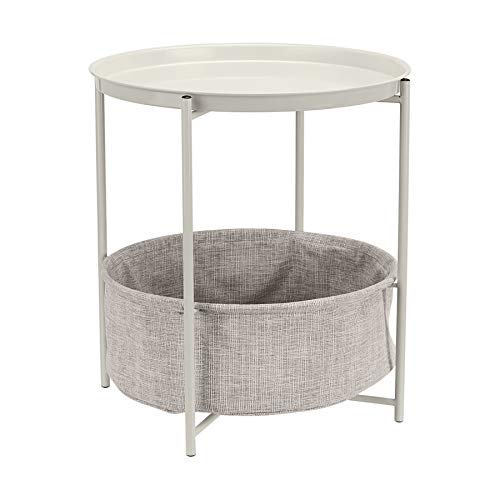 Amazon Basics Round Storage End Table, Side Table with Cloth Basket - White/Heather Gray, 19 x 18 x 18 Inches