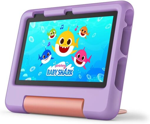 Child happily using Fire 7 Kids tablet, showcasing educational content