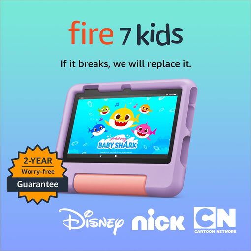 Close-up of Fire 7 Kids tablet with kid-proof case, highlighting durability.