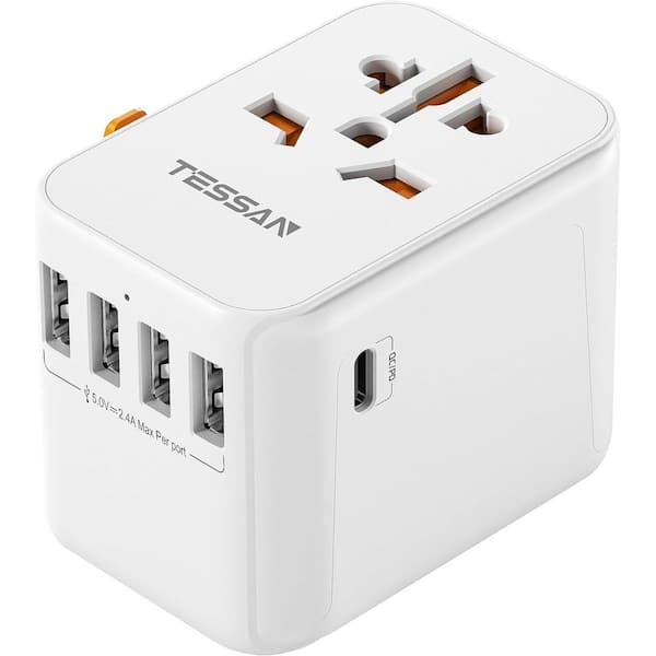 2.4 Amp AC/DC Adapter Travel Worldwide Power Outlet in White 2-to-3 Prong Adapter