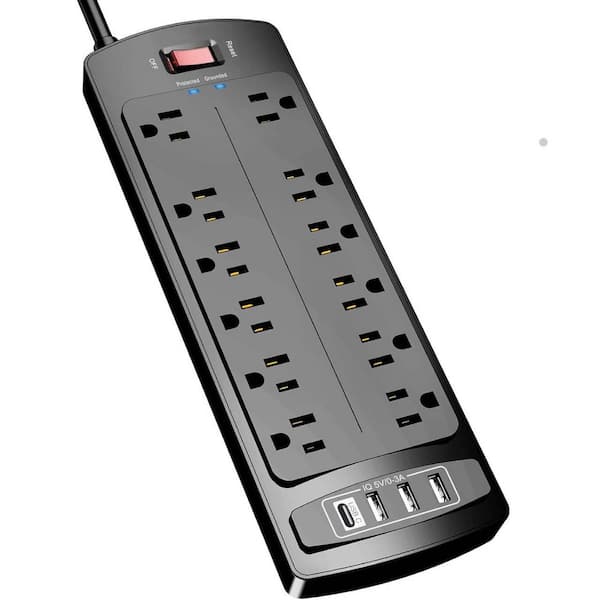 Power Strip Surge Protector with 12 Outlets 4 USB Ports 6 ft. Extension Cord 2700 Joules ETL Listed Black