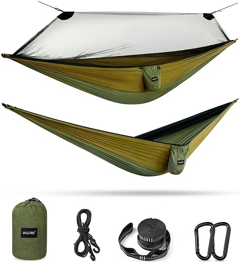 Large Camping Hammock with Mosquito Net 2 Person Pop-up Parachute Lightweight Hanging Hammocks Tree Straps Swing Hammock Bed for Outdoor Backpacking Backyard Hiking