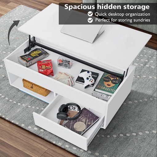 Hommpa Lift Top Coffee Table with lid raised, showcasing hidden compartment