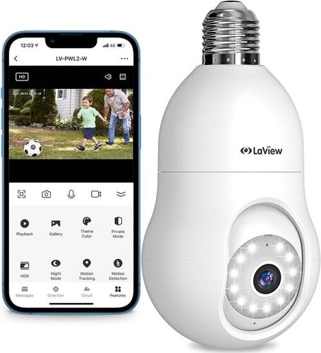 LaView 4MP 360° Wi-Fi bulb security camera installed in a light fixture.