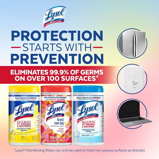 Disinfect & Refresh in Multiples! Disinfectant Wipes Bundle, Multi-Surface Antibacterial Cleaning Wipes, contains x2 Lemon & Lim Blossom, Crisp Linen, Mango & Hibiscus, 80 Count By Lysol
