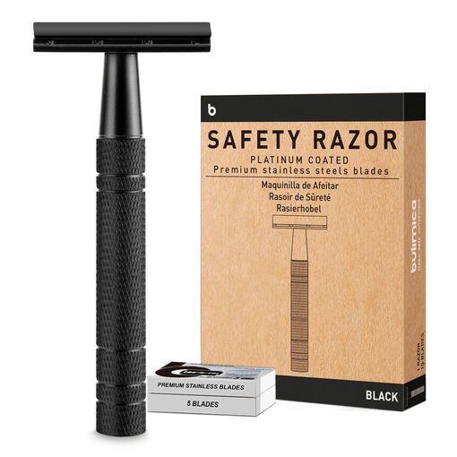 Matte black safety razor with open head and blade.