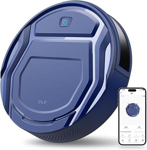 OKP K2 Robot Vacuum Cleaner, blue, cleaning hardwood floor.