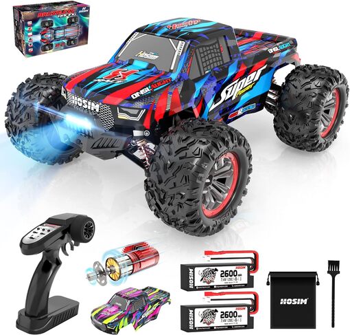 Hosim RC car speeding across off-road terrain