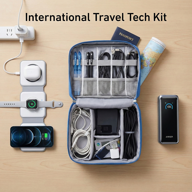 International Travel Tech Kit: All-in-One Survival Bundle with Worldwide Power Adapter, Portable Charger, and Cable Organizer