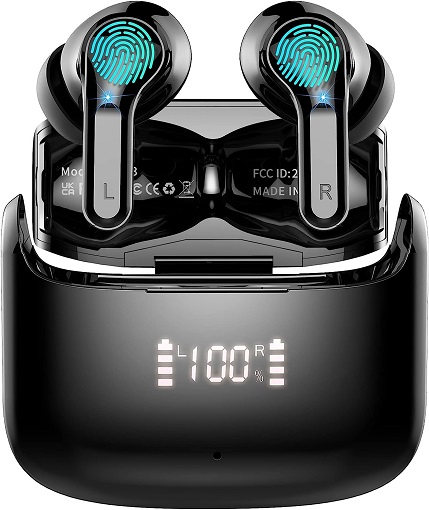 Wireless earbuds with charging case, sleek black design