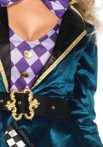 A woman wearing a delightful Mad Hatter Halloween costume, with a tall, colorful hat, a long, flowing dress, and a mischievous smile on her face