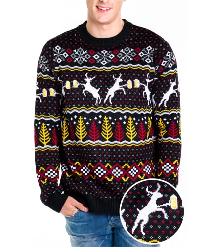 Tipsy Elves Men's Ugly Christmas Sweaters - Funny Christmas Sweaters for Men - Fun Holiday Pullovers - Men's Hilarious Black Deer With Beer Fair Isle Ugly Christmas Sweater Size M