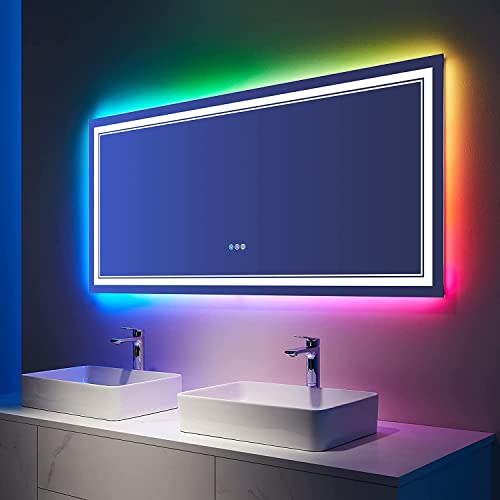 ISTRIPMF 60x28 Inch LED Bathroom Mirror with Lights, RGB Color Changing Lighted Mirrors with Bathroom Wall, Dimmable, Anti-Fog,Large LED Mirror for Bathroom (RGB Multicolor Backlit+Front-Lit)