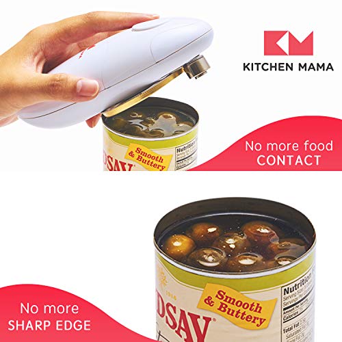 Kitchen Mama Auto Can Opener effortlessly opening a can, close-up.