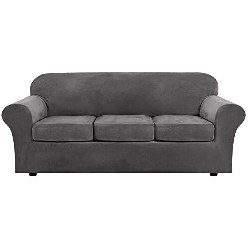 Modern Velvet Plush 4 Piece High Stretch Sofa Slipcover Sofa Cover Furniture Protector Form Fit Luxury Thick Velvet Sofa Cover for 3 Cushion Couch, Machine Washable (Sofa,Gray)