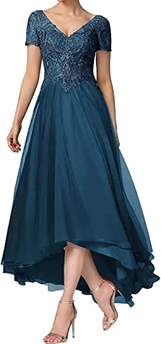 Short Sleeves Mother of The Bride Dresses for Women Lace Appliques V Neck High-Low Formal Wedding Party Prom Dress Teal
