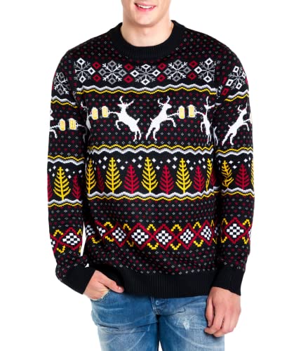 Tipsy Elves Men's Ugly Christmas Sweaters - Funny Christmas Sweaters for Men - Fun Holiday Pullovers - Men's Hilarious Black Deer With Beer Fair Isle Ugly Christmas Sweater Size M
