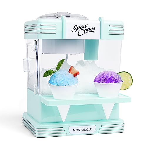 Nostalgia Snow Cone Shaved Ice Machine - Retro Table-Top Slushie Machine Makes 20 Icy Treats - Includes 2 Reusable Plastic Cups & Ice Scoop - Aqua