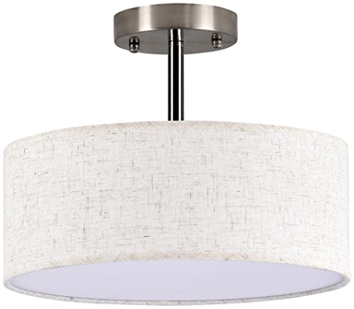 IOROUI 13" Semi Flush Mount Ceiling Light, Drum Fabric Shade, Modern Close to Ceiling Lamps for Living Room, Bedroom, Dining Room, Kitchen, Hallway, Entry，3-Light，Brushed Nickel