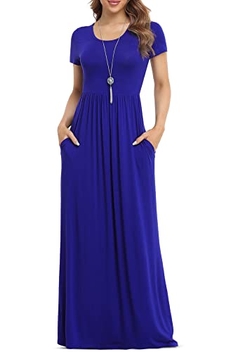 VIISHOW Women's Short Sleeve Loose Plain Maxi Dresses Casual Long Dresses with Pockets (Royal Blue, X-Large)