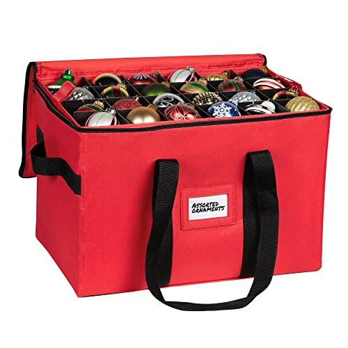 Christmas Ornament Storage Container - Box Stores Up to 96 - 3" Ornaments – With 4 Individual Trays -Heavy Duty 600D Tear Resistant Material, Zippered, Adjustable Dividers, Large Organizer Bin to Protect and Store Holiday Décor