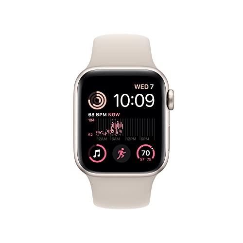 Front-angled view of the Apple Watch SE (2nd Gen) with a Starlight aluminum case and matching Starlight sport band