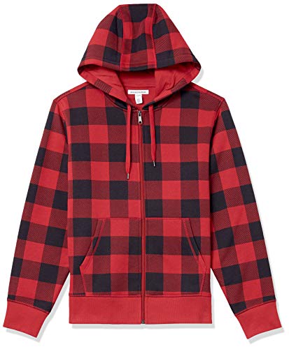 Amazon Essentials Men's Full-Zip Hooded Fleece Sweatshirt (Available in Big & Tall), Red, Buffalo Plaid, X-Small