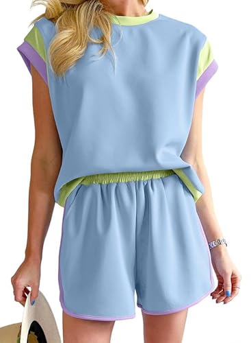 SHEWIN Womens Fashion 2024 Casual 2 Two Piece Sets for Women Summer Casual Crewneck Short Sleeve Tops and Shorts Cozy Tracksuit Lounge Set Sky Blue L