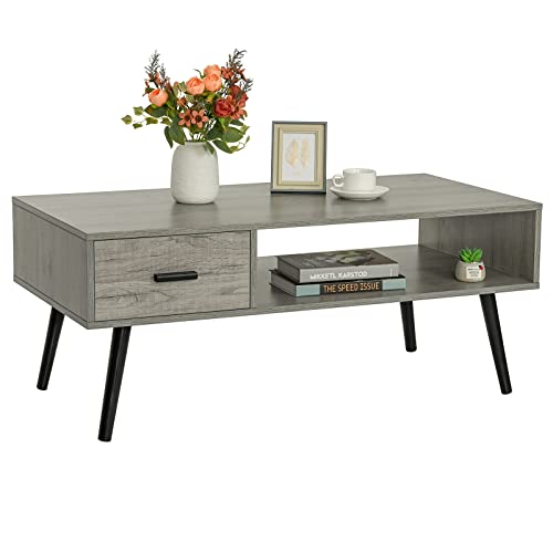 Iwell Coffee Table with Drawer and Storage Shelf for Living Room, Cocktail Table, Accent TV Table for Reception Room/Office, Easy to Assemble, Gray