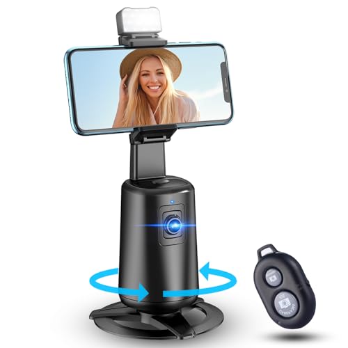 Auto Face Tracking Tripod 360° Rotating Cell Phone Photo and Video Kits Stand, No App, Camera Stand with Remote and Gesture Control, Rechargeable Smart Shooting Stand for Live Recording Tiktok（Black）