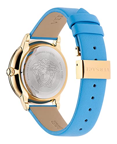 Versace La Medusa Collection Luxury Womens Watch Timepiece with a Blue Strap Featuring a IP Yellow Gold Case and Blue Dial