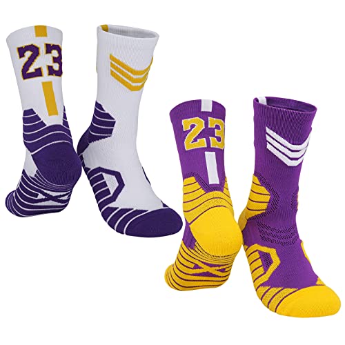 2 Pairs Lebron Children Basketball-Socks-for-Boys, #23 Lucky Number Sports-Socks Lakers James Socks with 3D Ankle Protection for Youth Boys, Kids Basketball Accessories Gift for James Fans (1.5-5.5)