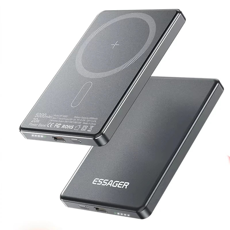 ESSAGER KR-W002 Magnetic Wireless Power Bank 15W 5000mAh External Battery Power Supply with 1 Input & 2 Outputs Fast Charging for iPhone 16 16 Pro 15 14 13 Pro Max for Xiaomi 15 Ultra for Samsung Galaxy S25 Ultra