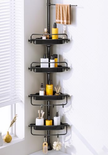 WSBArt Upgrade Sturdy Shower Caddy Tension Pole Quick Installation Corner Shower Caddy 18/8 Stainless Steel Rustproof 4 Tier Adjustable Shelves for Bathtub Shampoo Accessories Storage Rack 32-122inch
