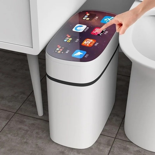 Image of the smart trash can in a living room: Automatic opening smart trash can in a modern living room