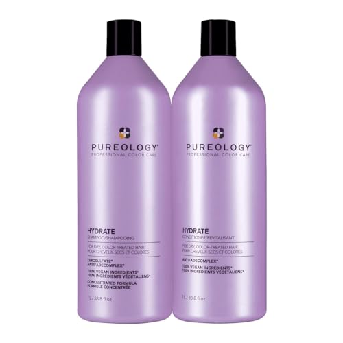 Pureology Hydrate Shampoo & Conditioner Set - For Dry or Color-Treated Hair, Intense Hydration & Softness, With Rose Extract & Green Tea, Vegan & Sulfate-Free, 33.8 Fl Oz