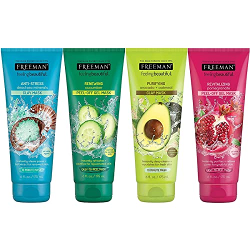 FREEMAN Facial Mask Variety Bundle for Skin Care, Peel-Off & Clay Facial Masks with Minerals, Pomegranate, Dead Sea, Cucumber, & Avocado, Skincare Essentials, Hydrating & Purifying, 4 Count