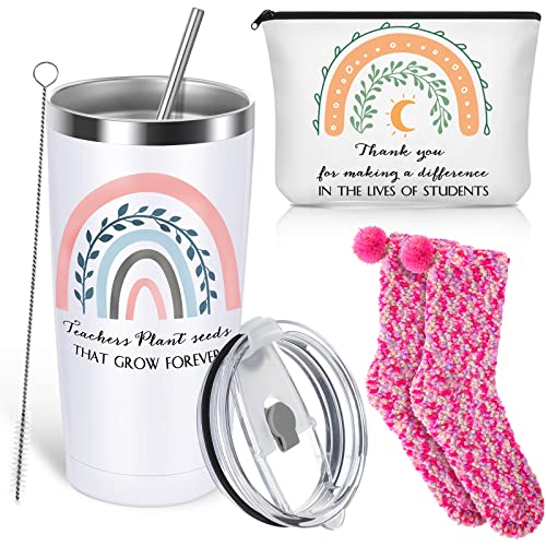 Sieral Teacher Appreciation Gifts Christmas Gift Set 20 oz Teacher Tumbler Mug with Lid and Straw Make up Bag Coral Fleece Socks Stocking Stuffers for Thank You Teacher Set Christmas Present