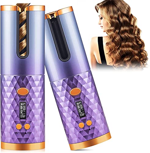 Automatic Curling Iron, Cordless Hair Curler, Wireless Rotating Hair Curler with 6 Temp & Timer LCD Display USB Rechargeable,Fast Heating & Auto Shut Off (Purple)