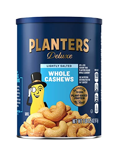PLANTERS Deluxe Lightly Salted Whole Cashews, 1.14 Pound (Pack of 1) Resealable Canister - Lightly Salted Cashews & Nuts - Nutrient Dense Snacks for Adults & Kids - Vegan Snacks, Kosher