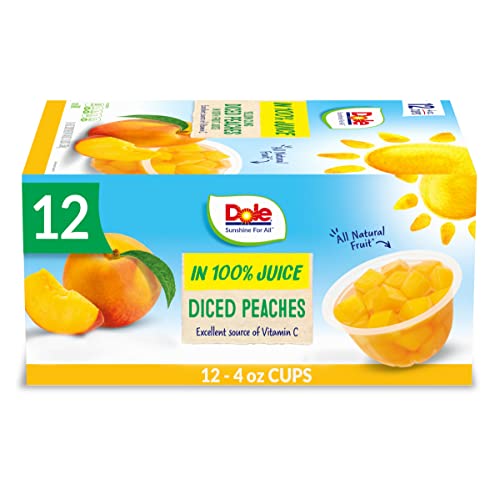 Dole Fruit Bowls Diced Peaches in 100% Juice, Gluten Free Healthy Snack, 4 Oz, 12 Total Cups