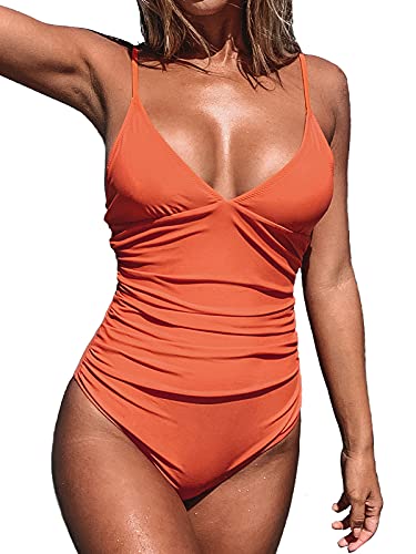 CUPSHE Women's V Neck Shirring Swimsuit,Orange, XS