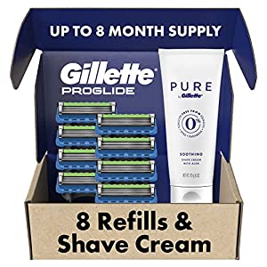 Gillette ProGlide Mens Razors 8 Razor Blade Refills Plus Gillette PURE Mens Soothing Shaving Cream with Aloe, 6 oz